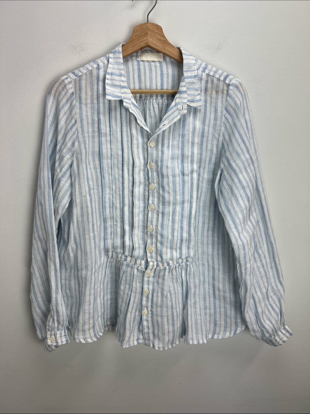 CP Shades Linen Pintuck Top Blue White Striped Button Down Womens XS Coastal